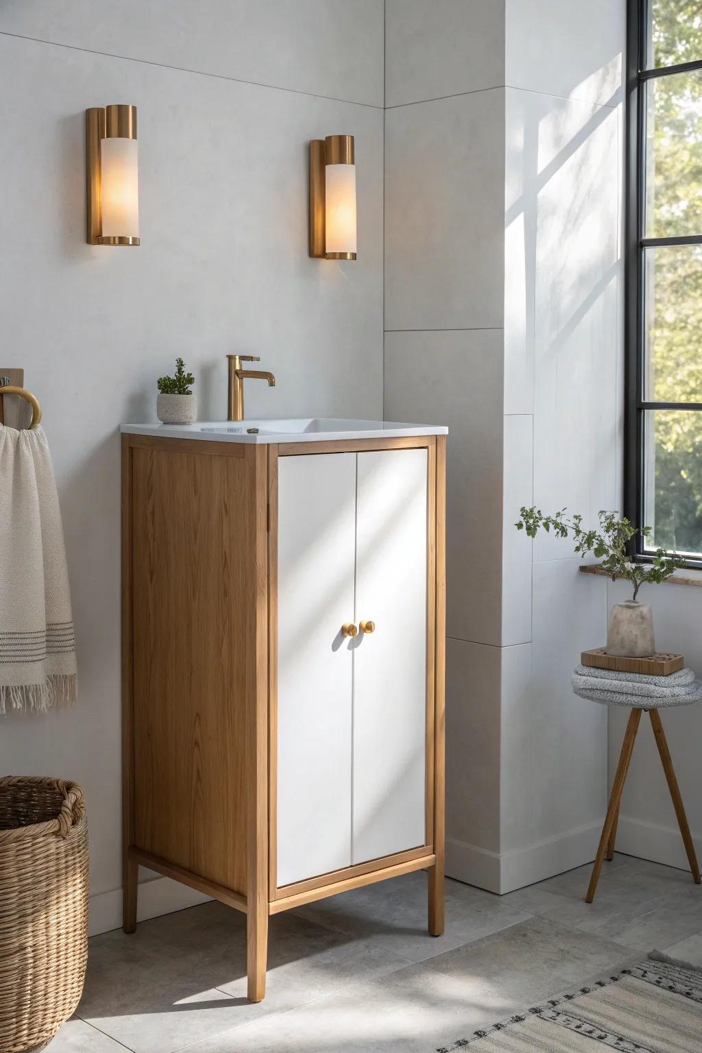 Side-mounted sconces on a vanity tower add custom glow and save precious wall space.