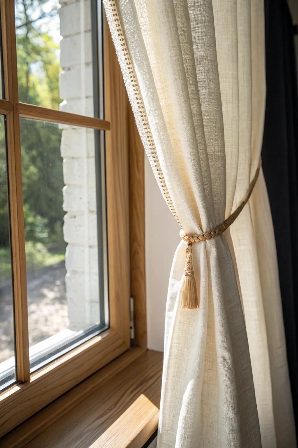 Light linen front, hidden blackout lining—pretty curtains that keep bedroom mornings dark.