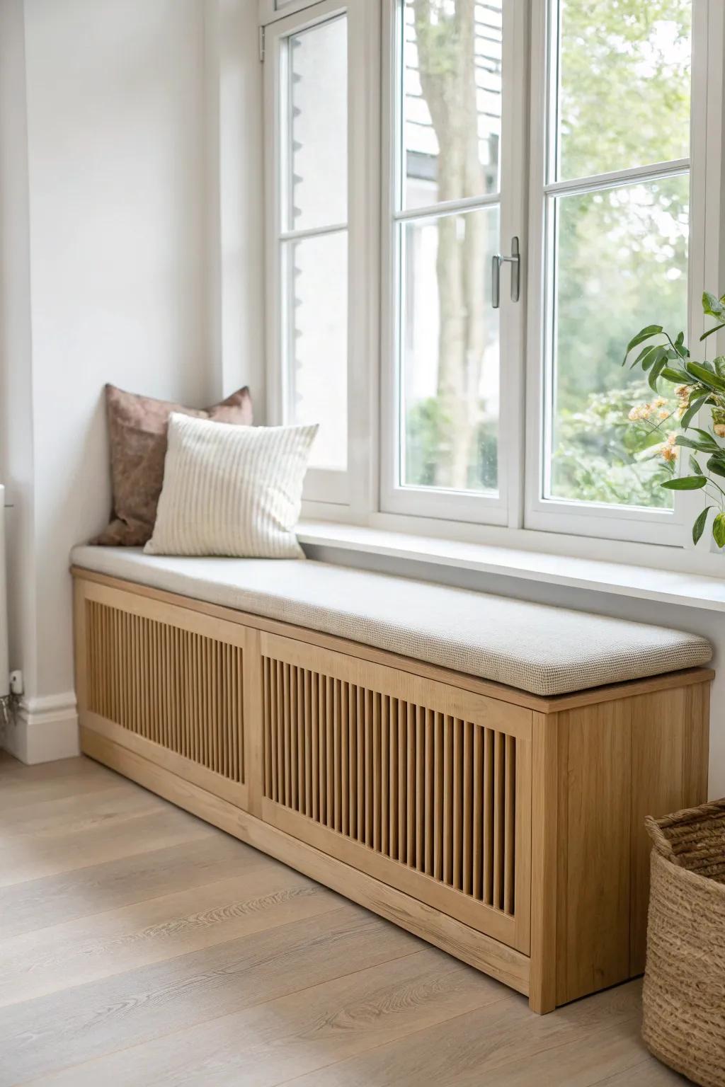 A vented bay-window bench hides the radiator and adds sleek, built-in storage.
