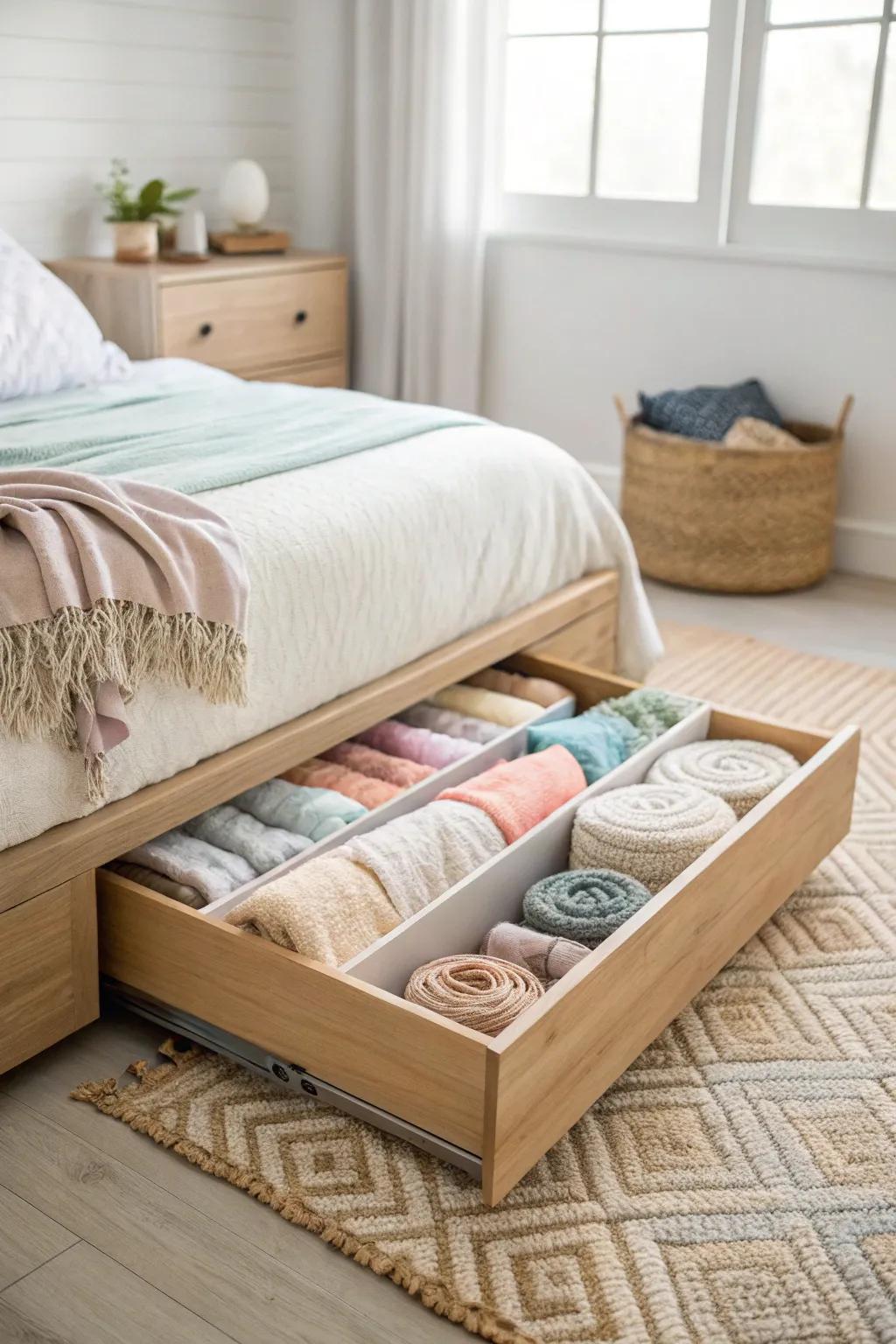 A slim under-bed bin keeps off-season beach towels fresh, tidy, and out of sight.