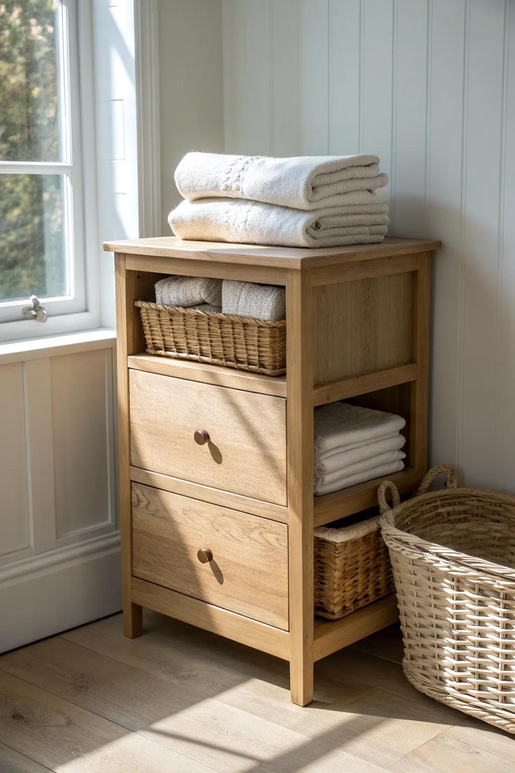 Turn a small dresser into a chic linen station—separate drawers for sheets and duvet covers.