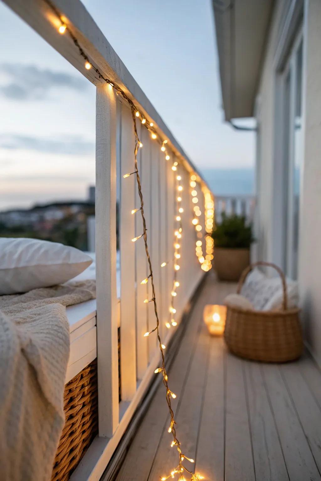 Warm golden string lights make even the smallest bedroom balcony feel like a dreamy night retreat.