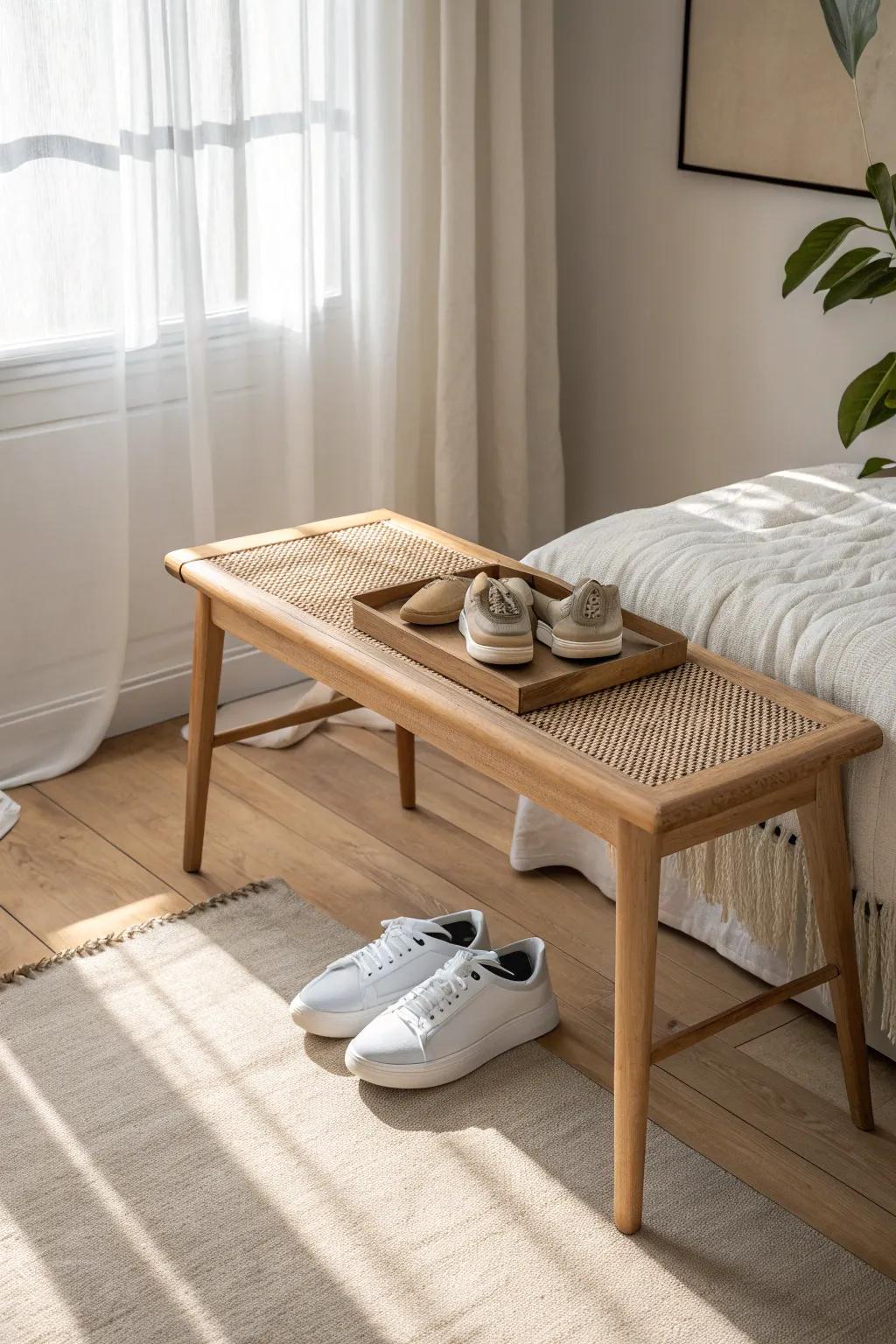 Turn the end-of-bed bench into a chic shoe drop zone with a hidden tray underneath.
