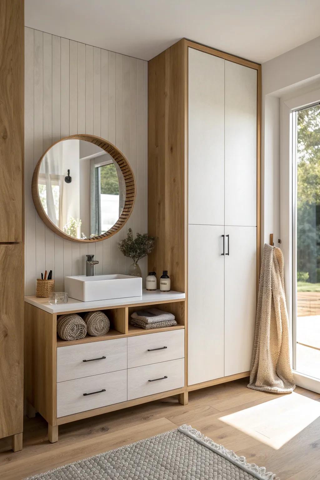 Built-in vanity nook inside a slim wardrobe—pretty, practical storage that saves precious floor space.