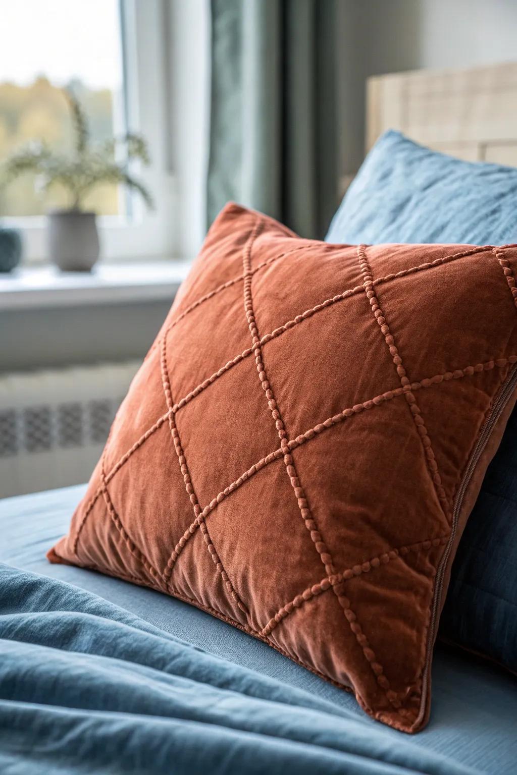 Mid-tone blue-gray bedding warmed by one rust velvet pillow—cozy contrast for small bedrooms.