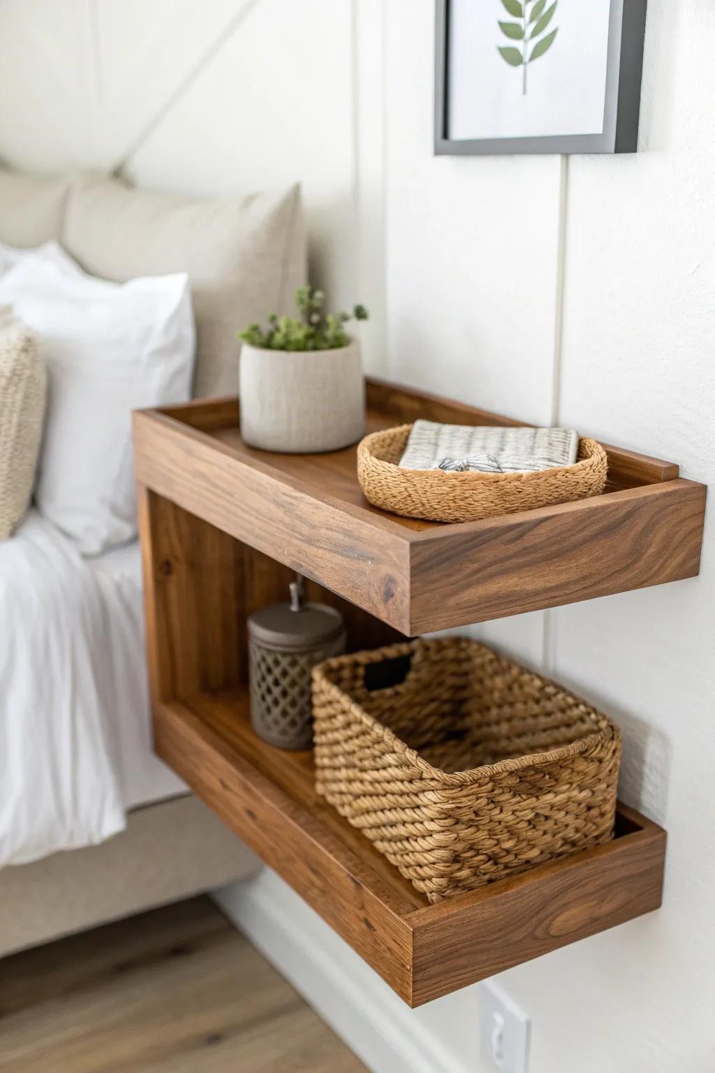Warm up a bland bedroom corner with a rustic wood shelf and a woven basket touch.