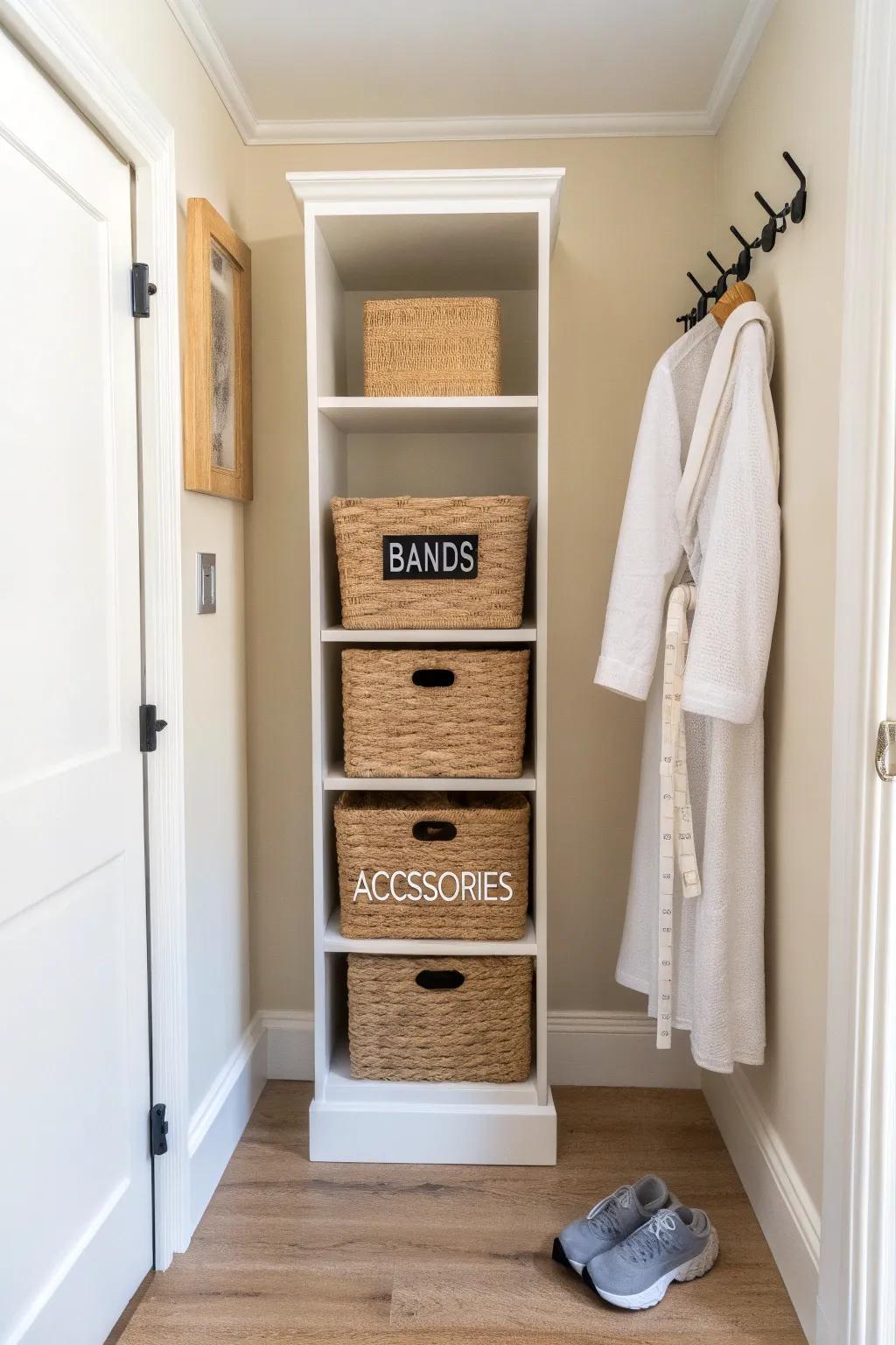 Turn one closet into a chic micro gym locker—baskets up top, weights below, calm in minutes.
