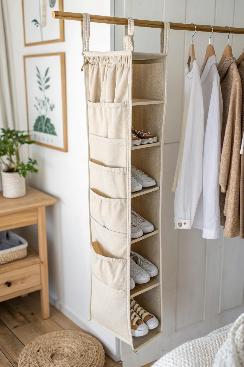 Use vertical closet space with hanging shoe shelves—clean, tidy storage for sneakers & flats.