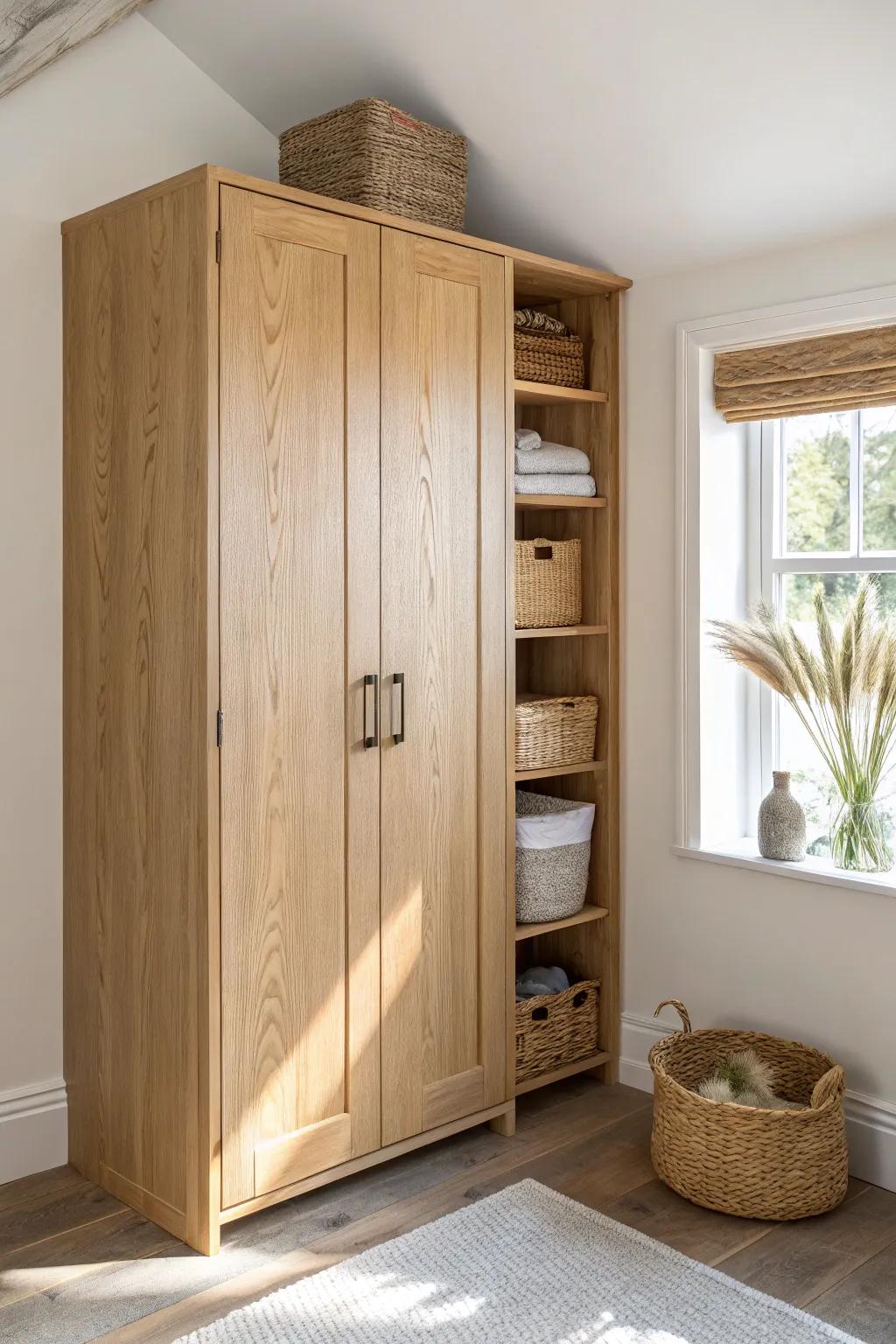 A corner wardrobe that turns awkward bedroom dead space into beautiful, high-capacity storage.