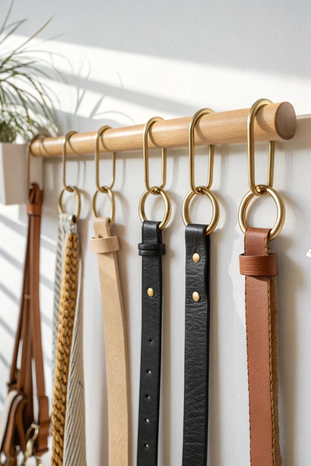 Budget-chic belt organizer: shower curtain rings on a rod keep every belt separated.