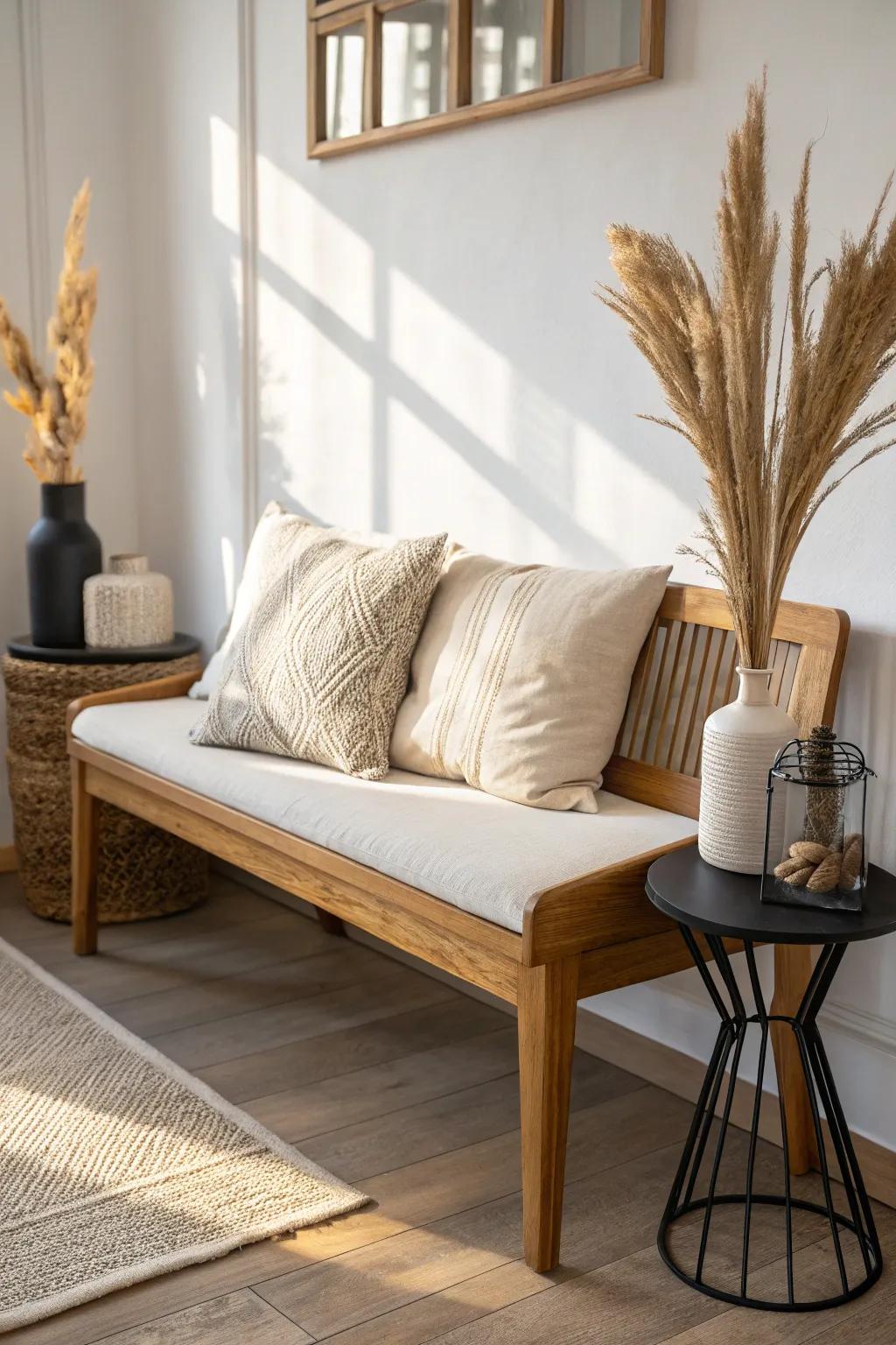 A light oak bench with a slim side table creates an airy seating spot for small living rooms.