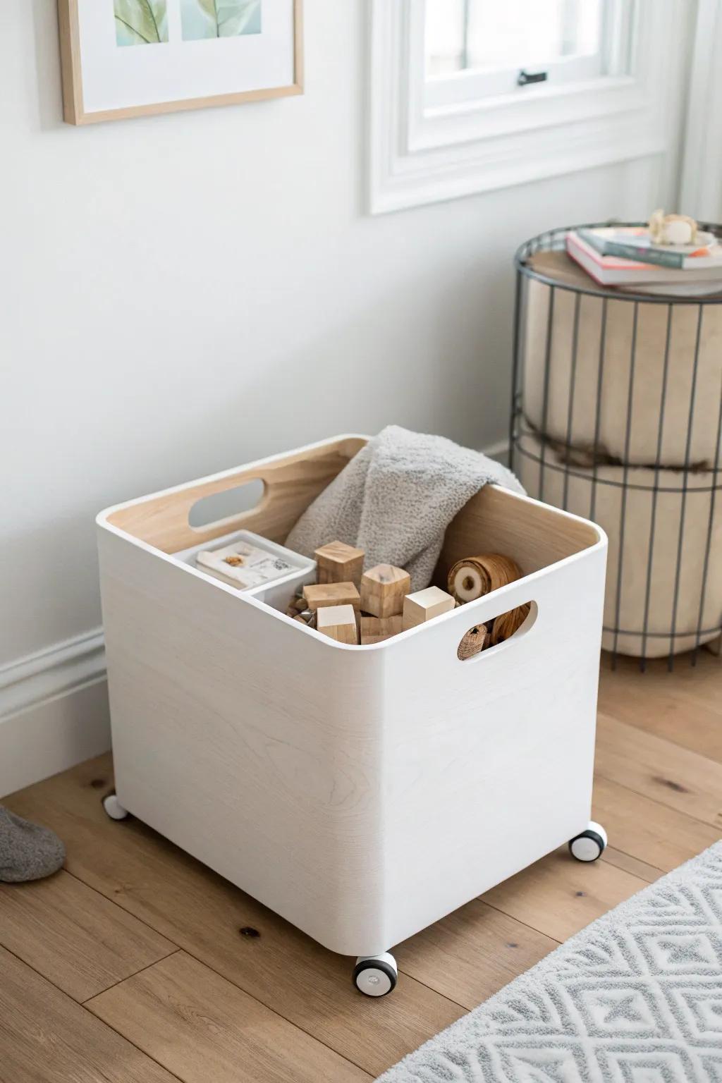 A rolling bin under the play table keeps toys out of sight—and cleanup effortless.