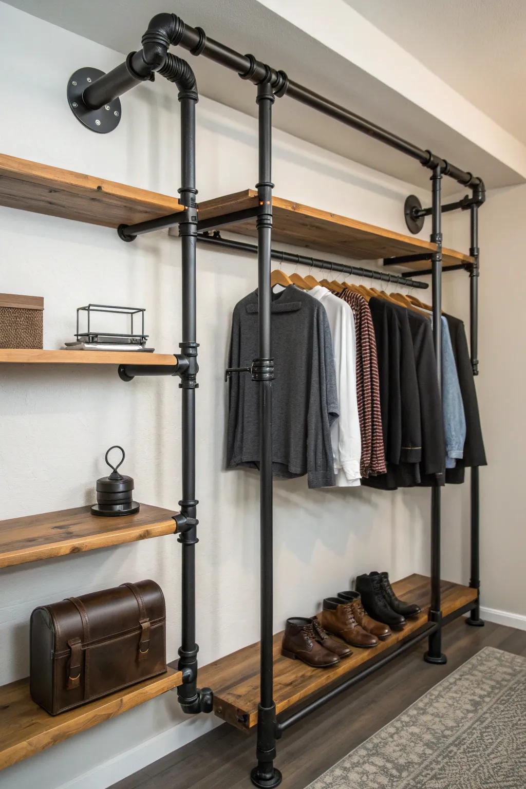 Elevate your space with a minimalist black pipe open closet—where craftsmanship meets modern elegance.