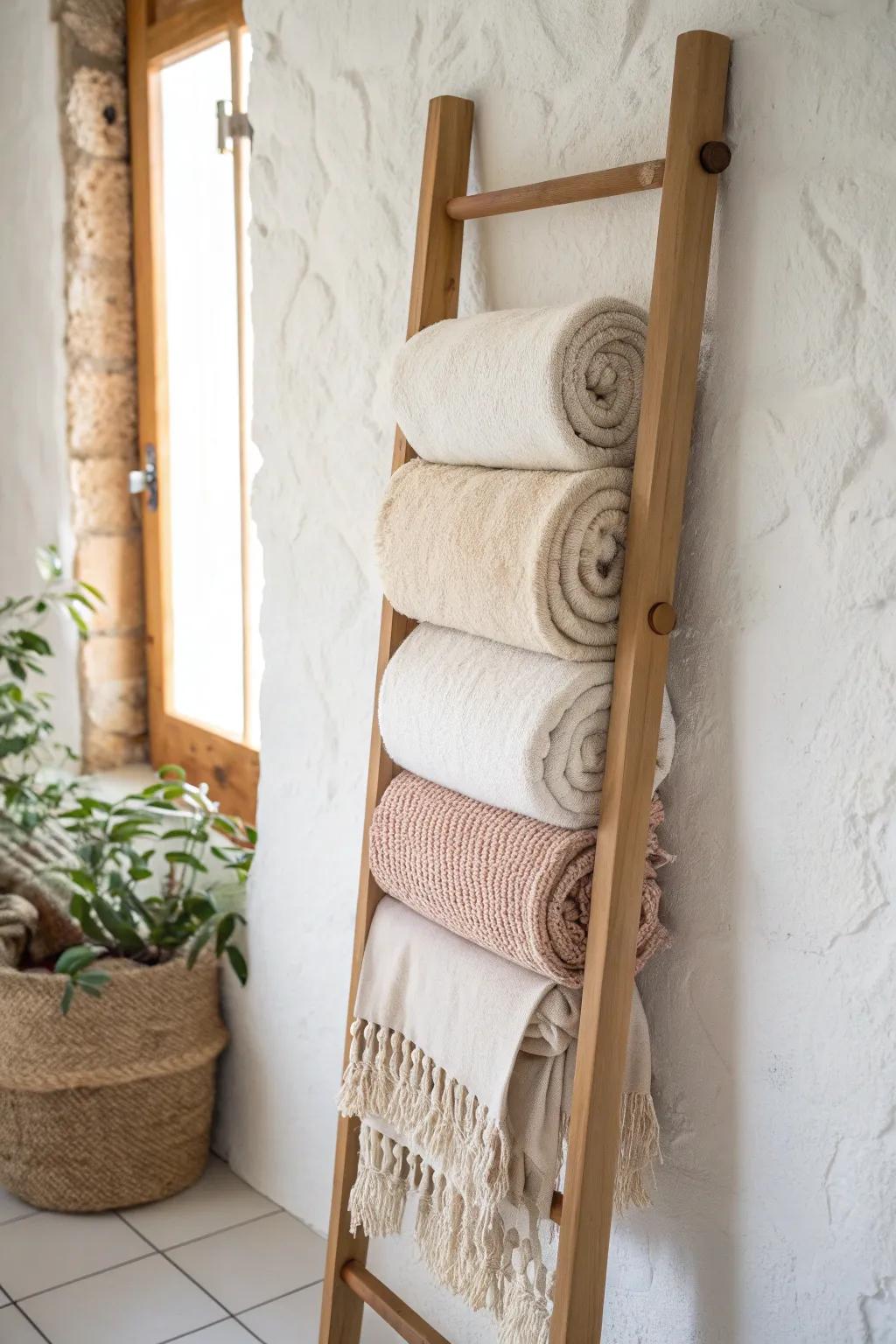 Slim vertical wall rack turns a narrow corner into chic, tidy blanket storage.