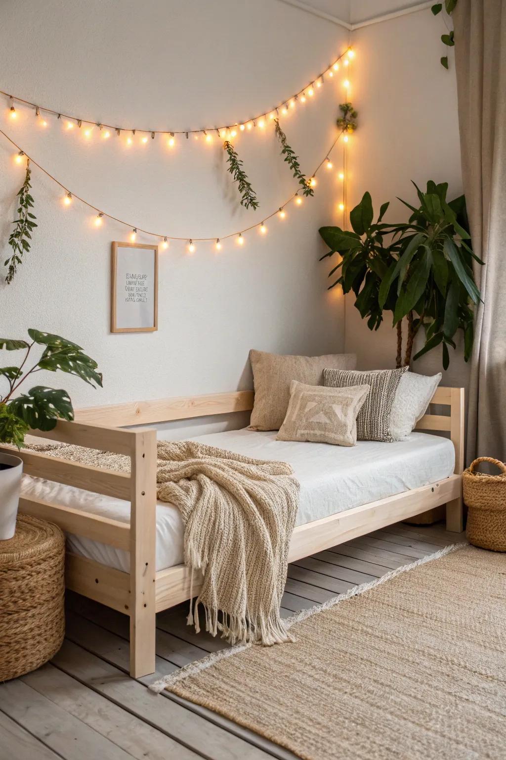 Warm string lights above a boho daybed turn a small space into the coziest night lounge.