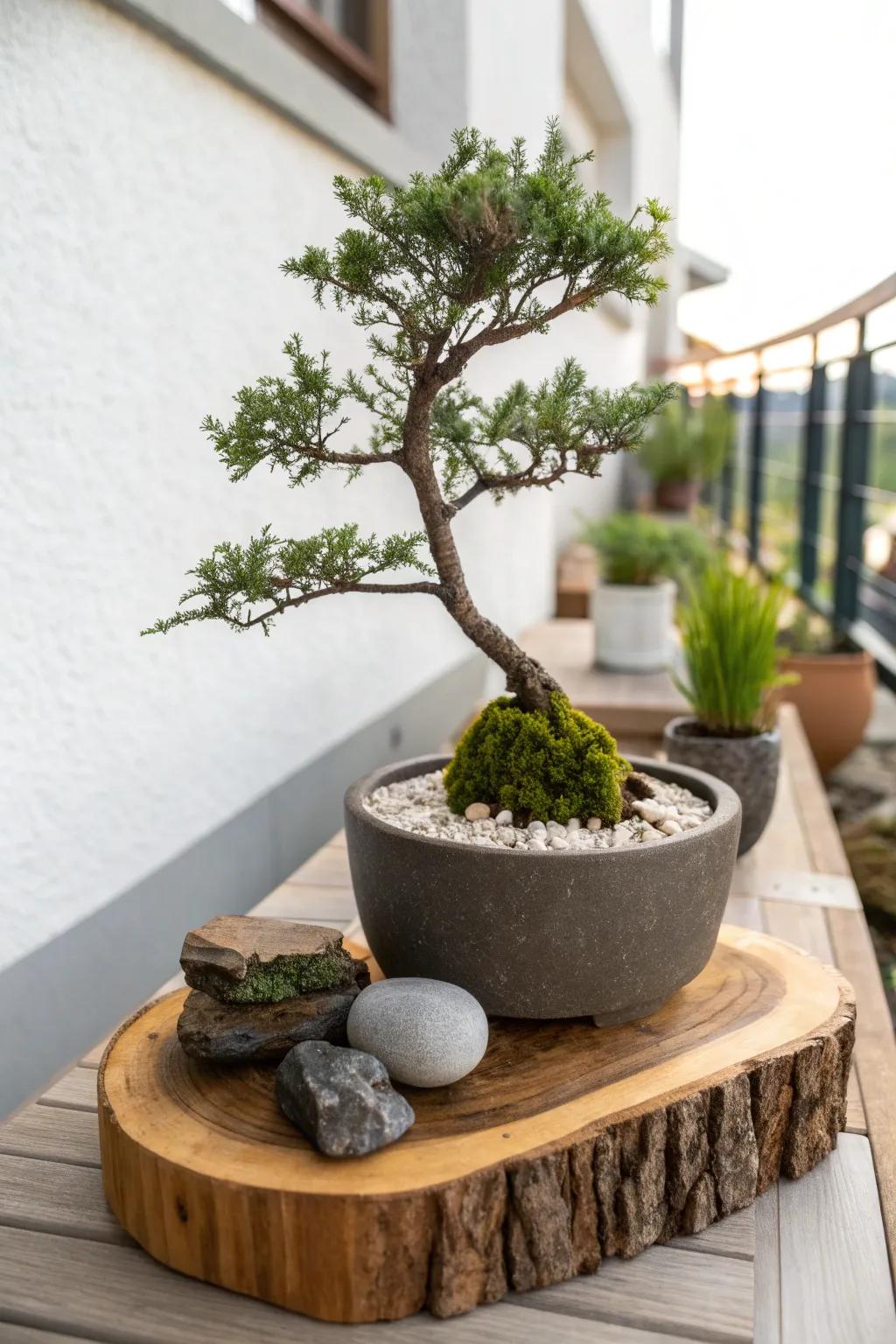 Mini rock-garden bonsai island—serene, sculptural styling made for the tiniest balcony.