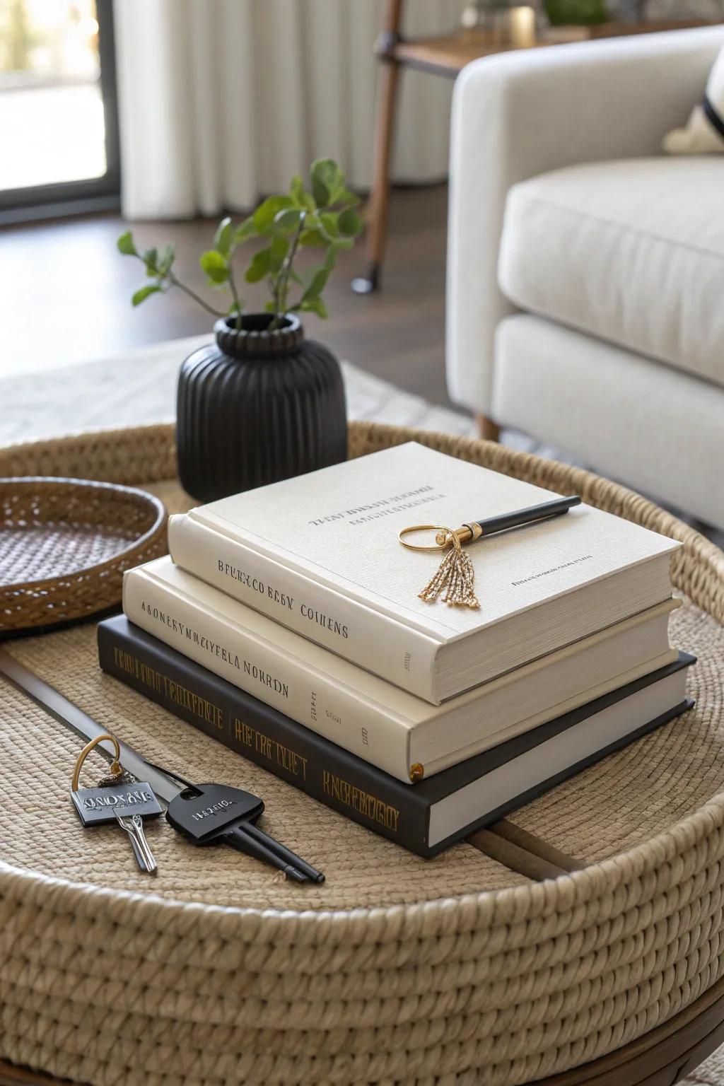 Stacked books + a simple tray turns everyday clutter into a calm, curated drop zone.