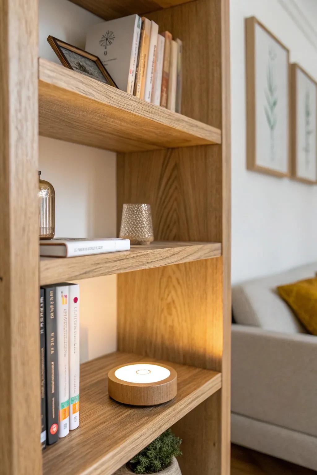 No outlet nearby? A rechargeable puck light adds cozy bookcase glow in seconds.