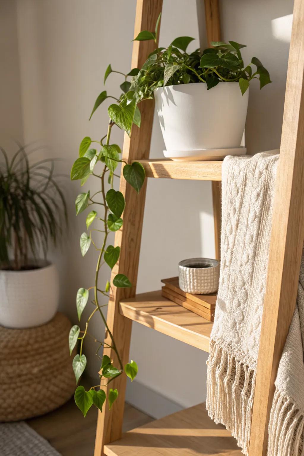 Add trailing greenery to soften your bookshelf—one easy plant instantly elevates the whole vibe.