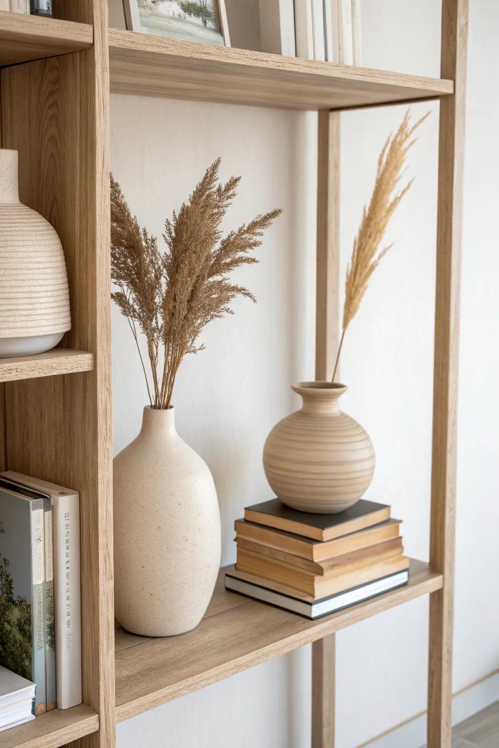 Balanced bookshelf styling: twin vases bring calm symmetry without needing perfect matches.