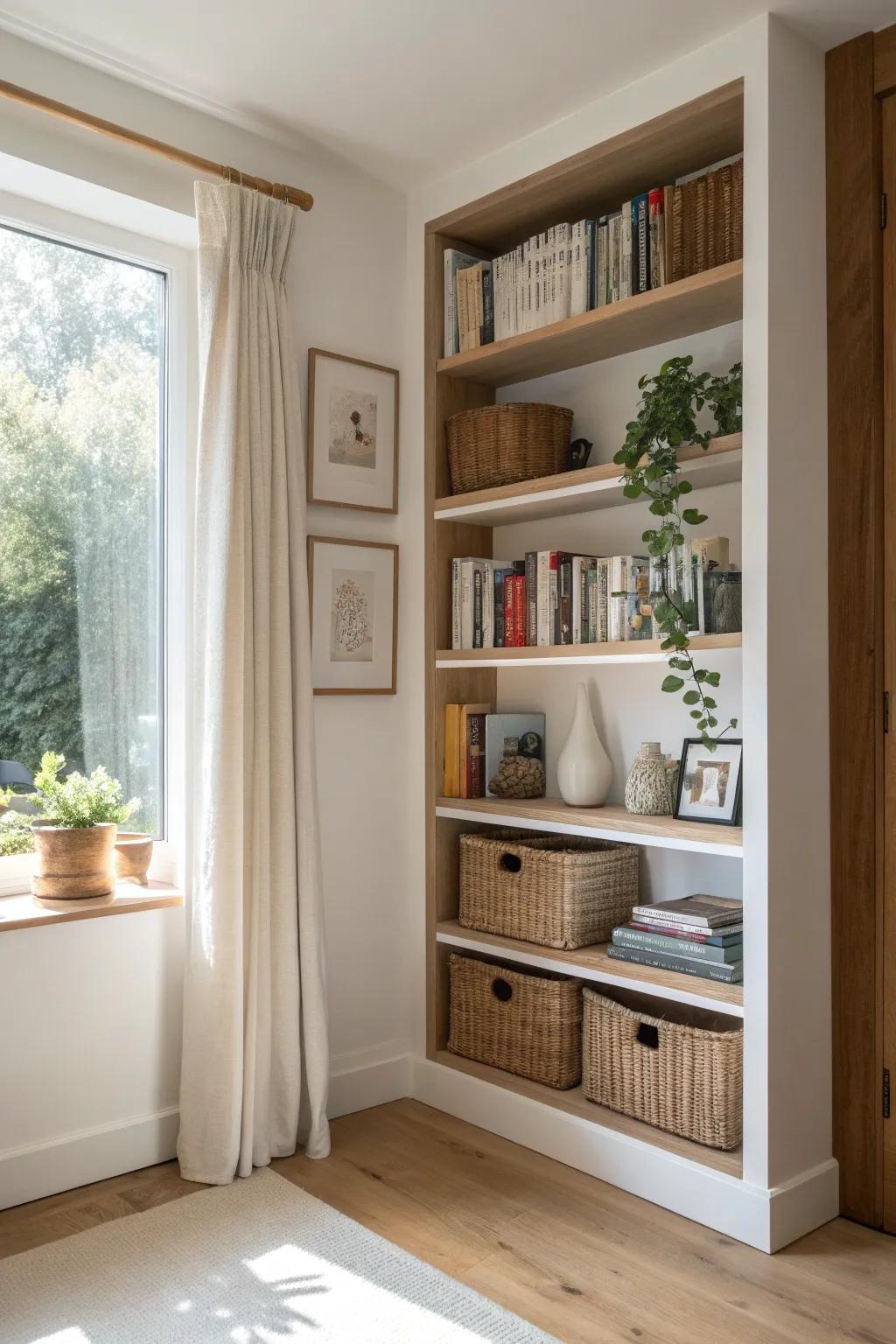 Asymmetrical window bookshelves: deep storage on one side, slim styling shelves on the other.