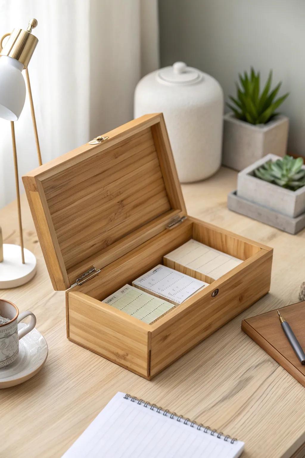 Elevate your workspace with the natural elegance of a bamboo note box.
