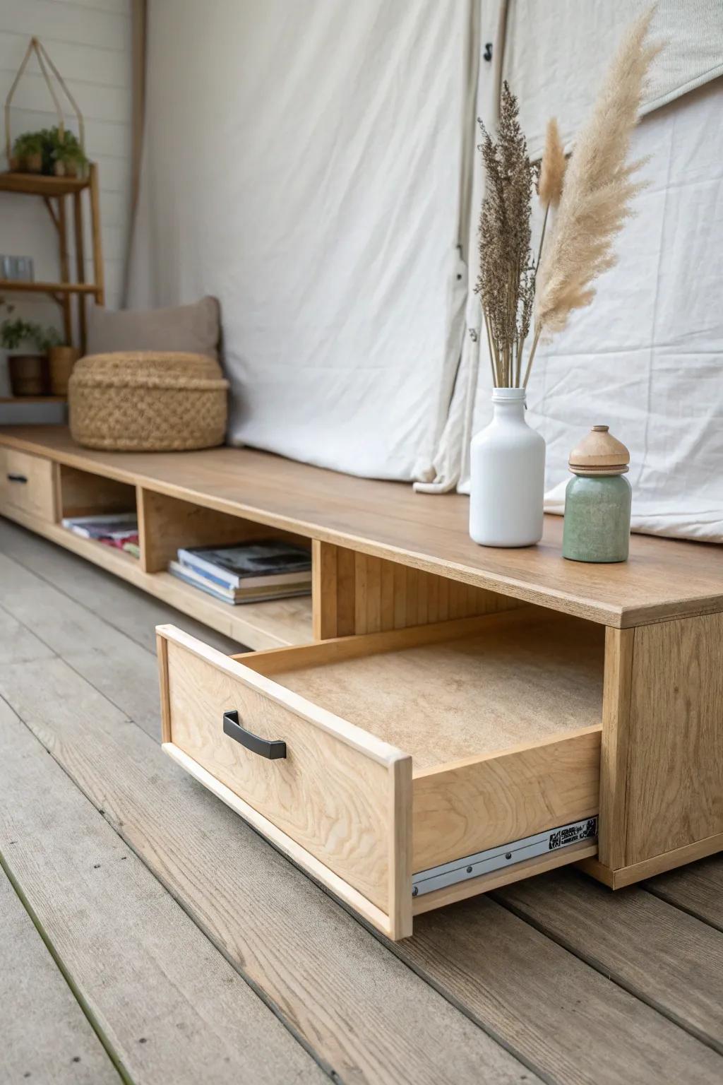 A sleek false-floor shelf hides long items neatly—minimal, handcrafted, and space-smart.