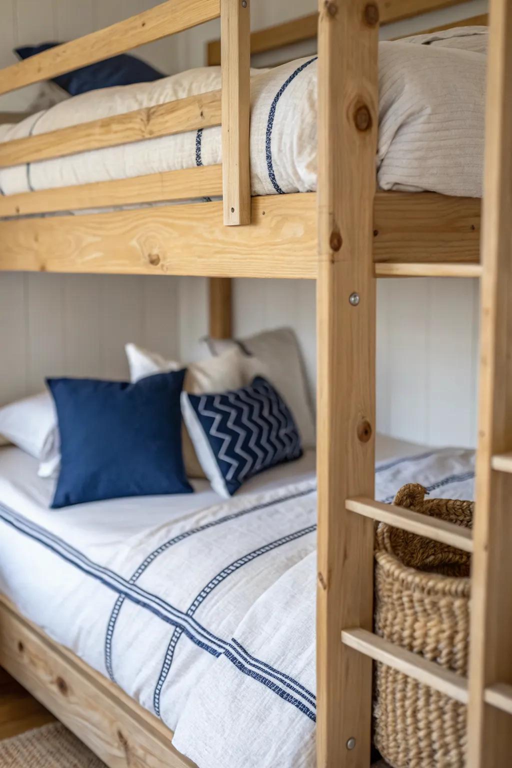 Matched linen bedding on a pine bunk, finished with one bold pillow for each boy’s style.