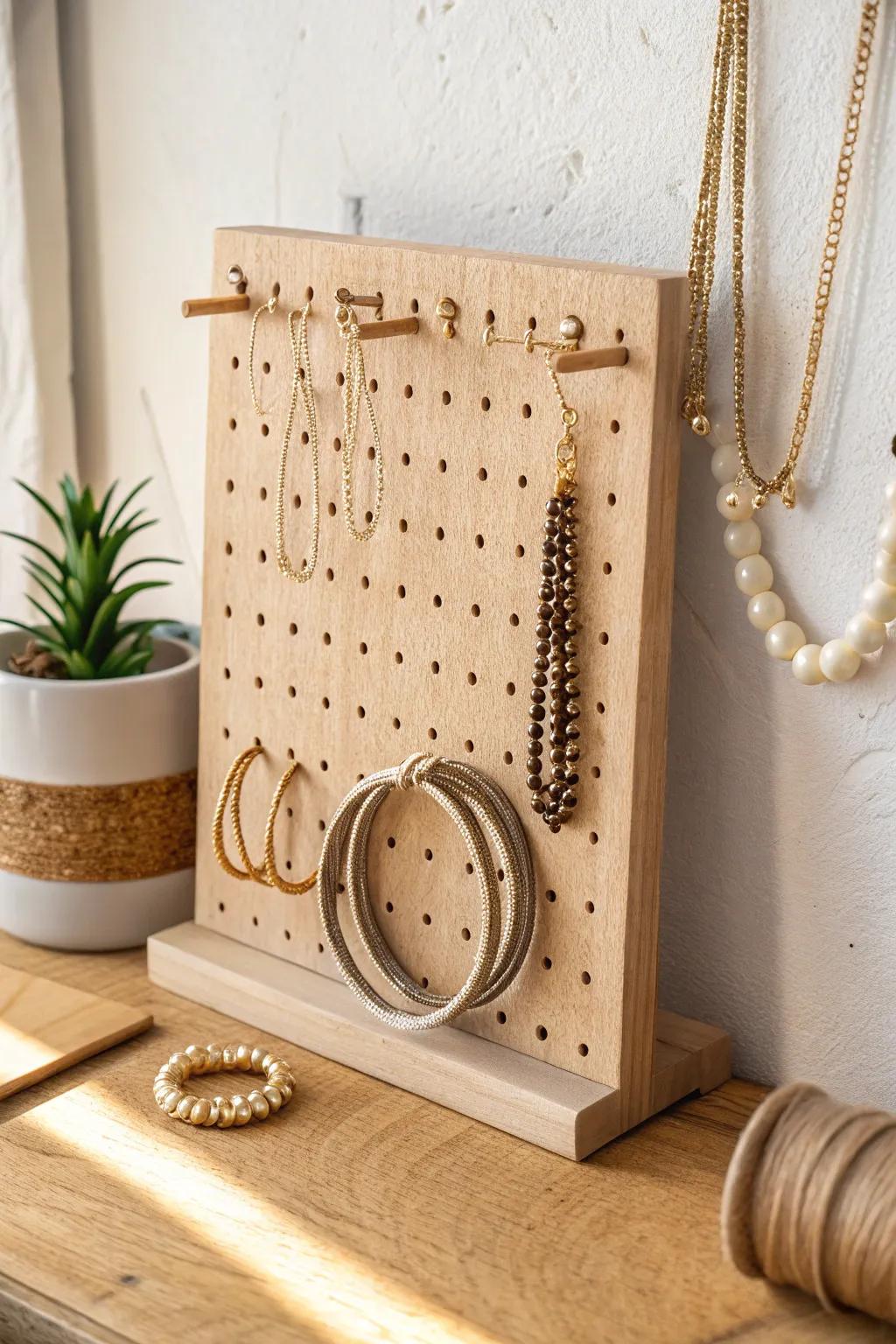 A minimalist pegboard bracelet station—flexible, beautiful storage that evolves with your stack.