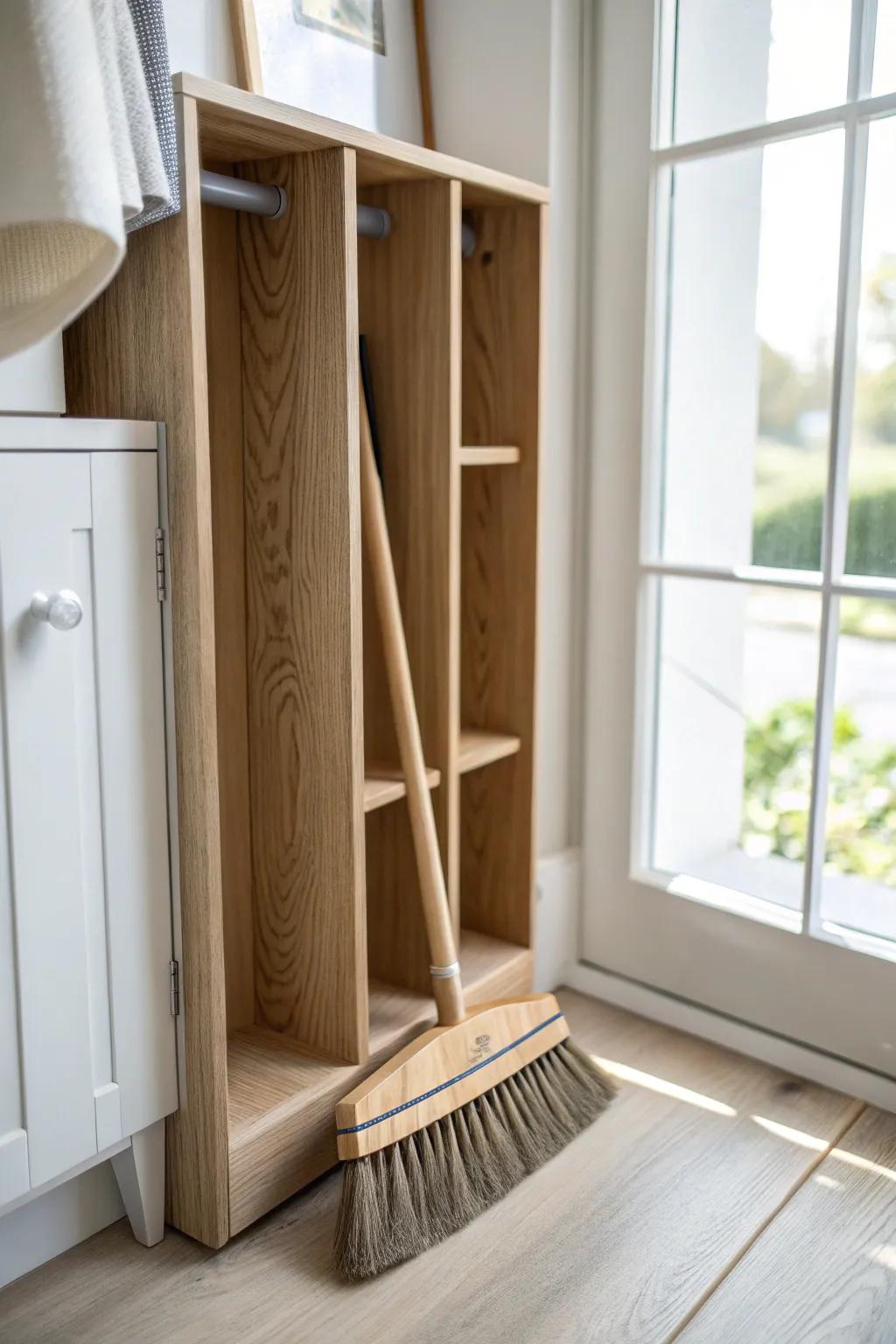 Slim cubby dividers give broom, mop, and board their own lane—no more domino falls.