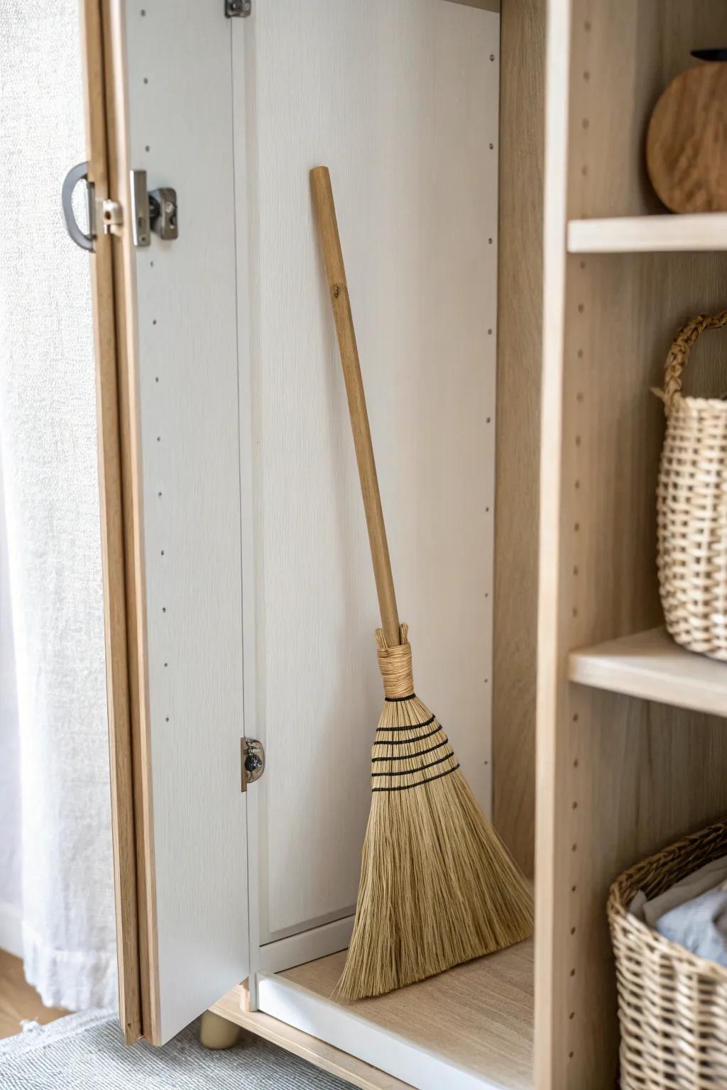 Hide the broom in plain sight: inside-door clips for an effortless, clutter-free cabinet.