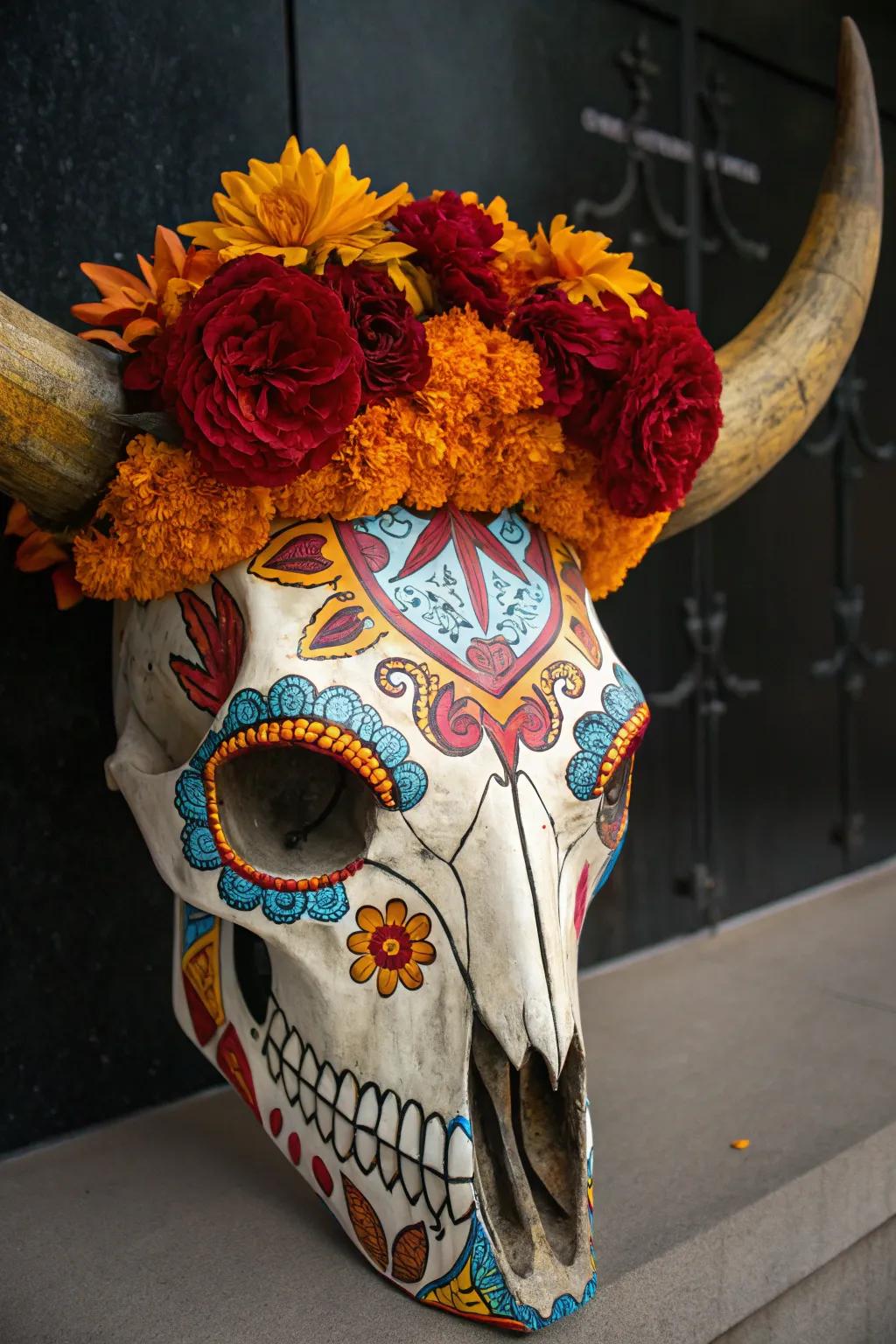Celebrate life and color with this stunning Day of the Dead buffalo skull masterpiece.