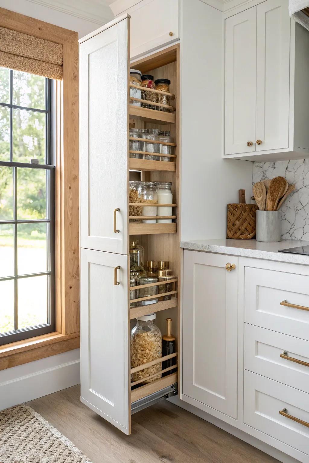 Slim pull-out pantry column: tiny-kitchen storage that keeps every jar visible and beautiful.