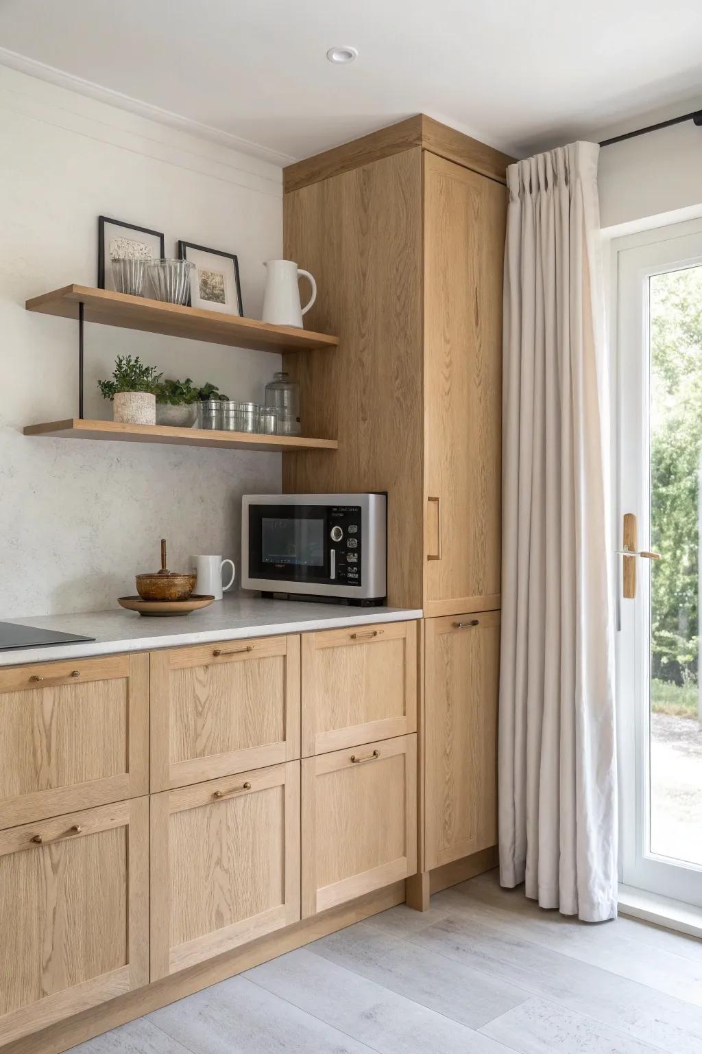 A corner built-in microwave nook that clears the counters and makes small kitchens feel open.