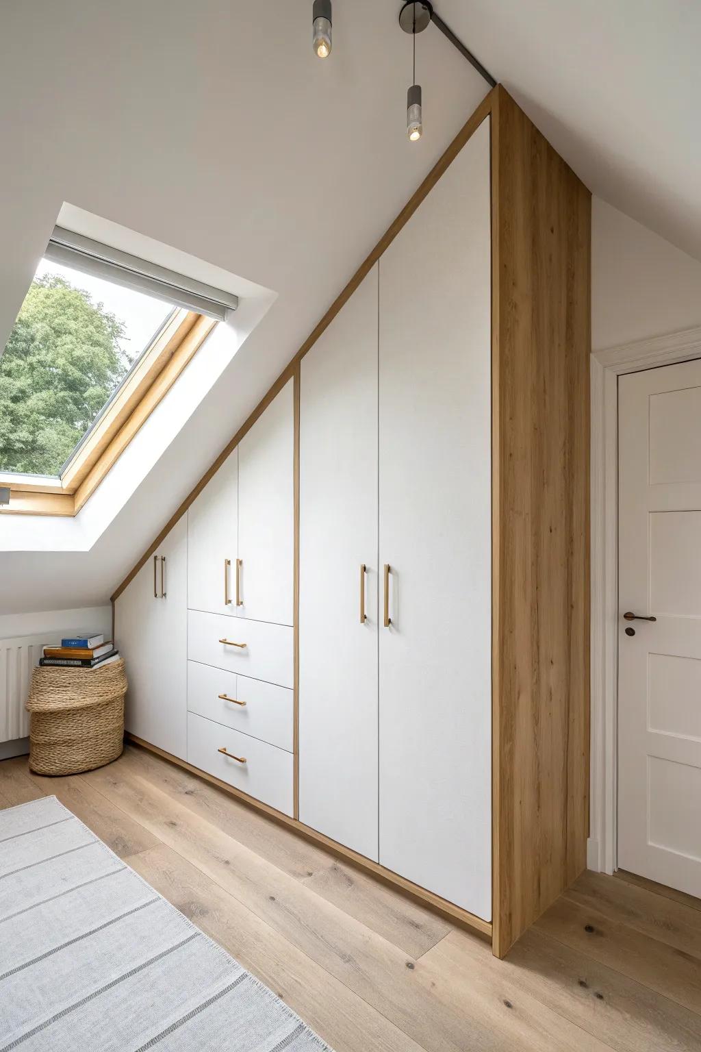 Under-eaves built-in wardrobe: angled doors and sleek shelves make sloped ceilings feel spacious.