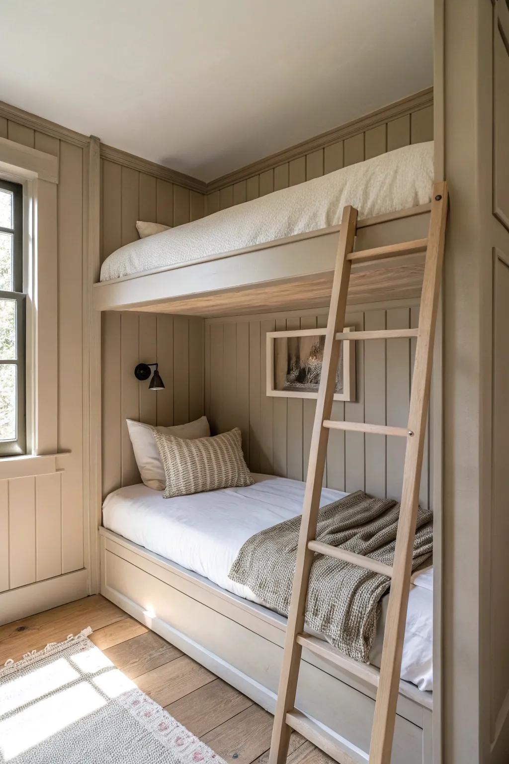 Simple wall trim + matching paint turns a basic bunk bed into a seamless built‑in nook.