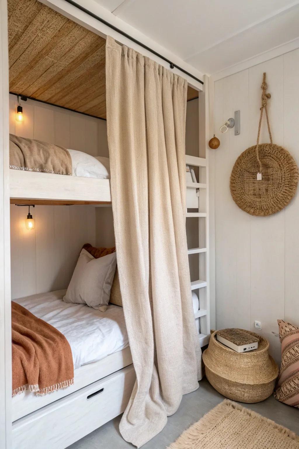 A cozy bunk nook with linen privacy curtains—minimal, warm, and perfect for small spaces.