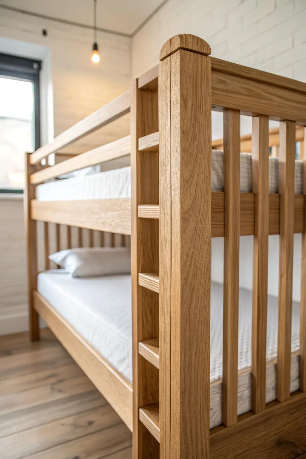 Deep, custom-look guardrails in warm oak make the top bunk feel secure—and chic.