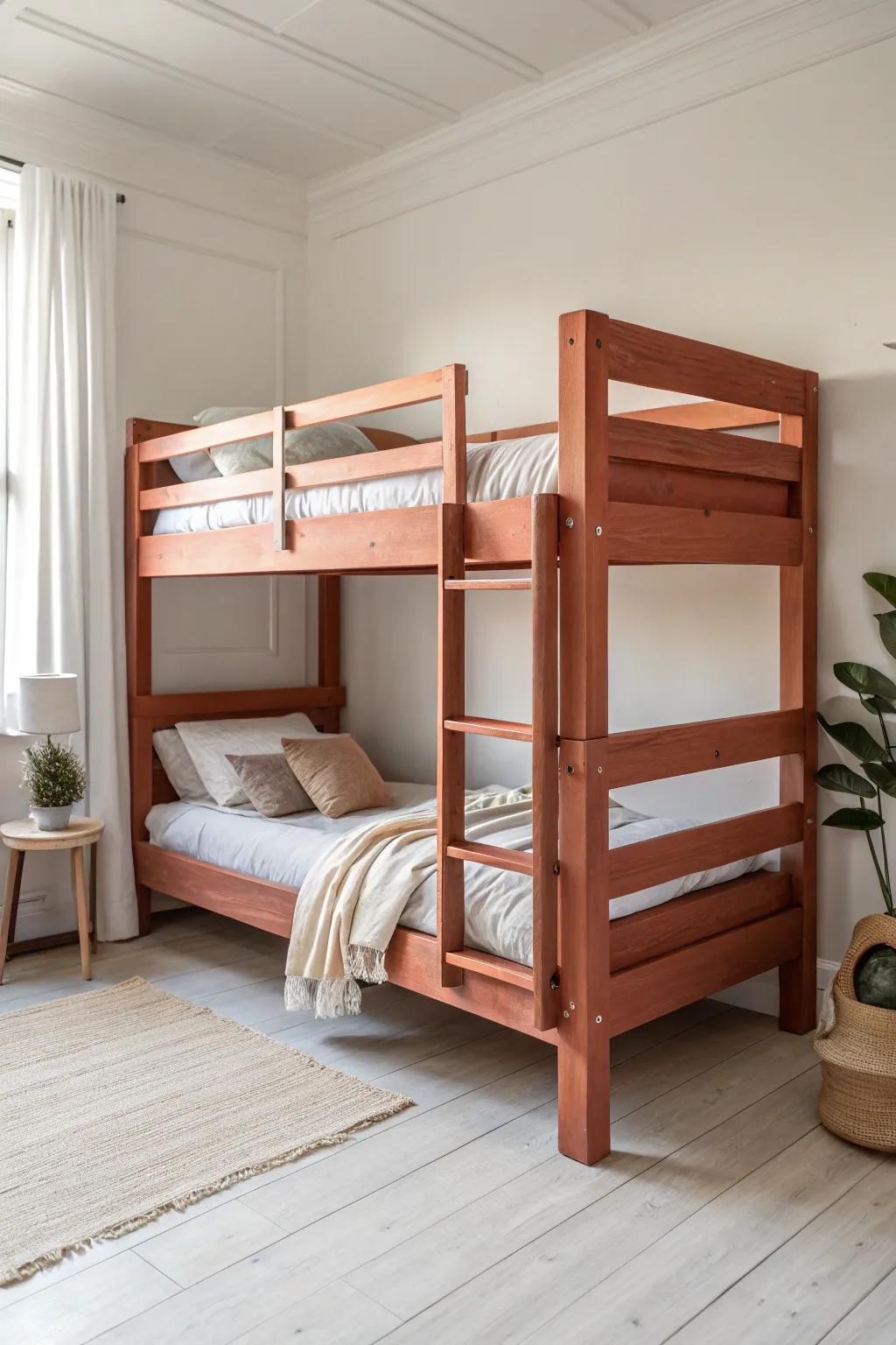 A bold painted bunk bed turns a neutral small room into a playful, polished statement.