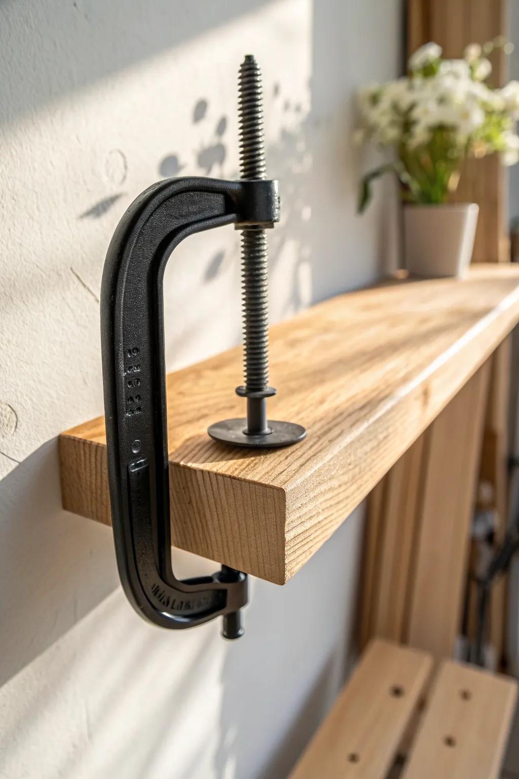 Angled bench-side ledge storage: one C-clamp hangs screw-up for tidy, small-space workshops.