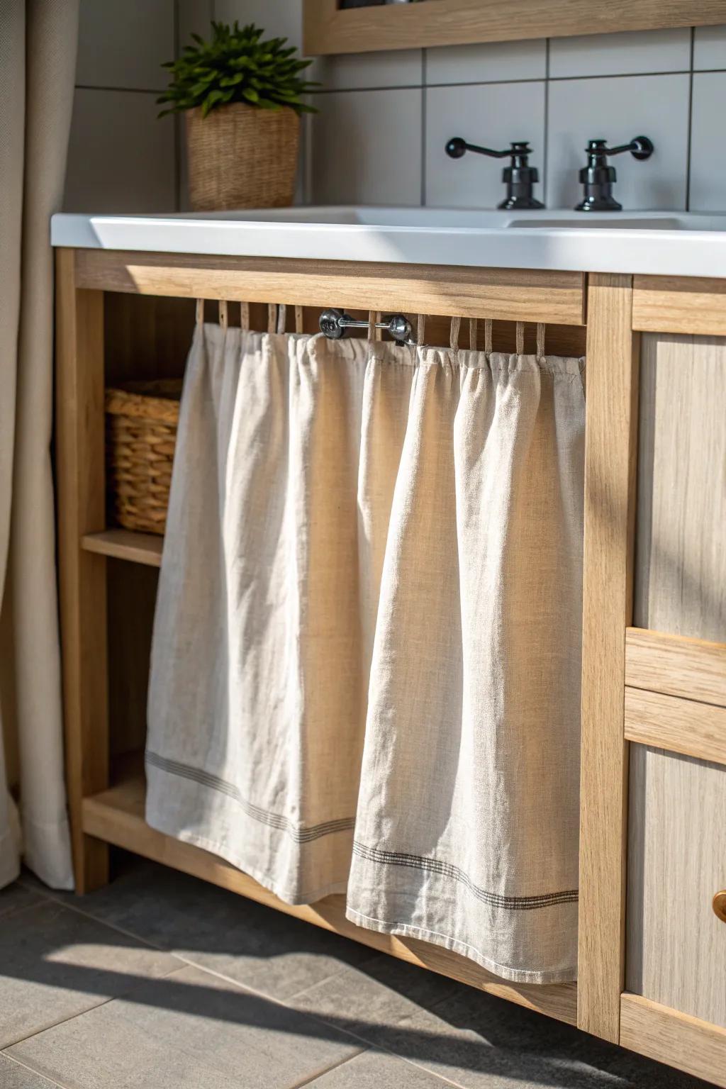 Two half linen panels meeting in the middle—easy under-sink access with a finished look.