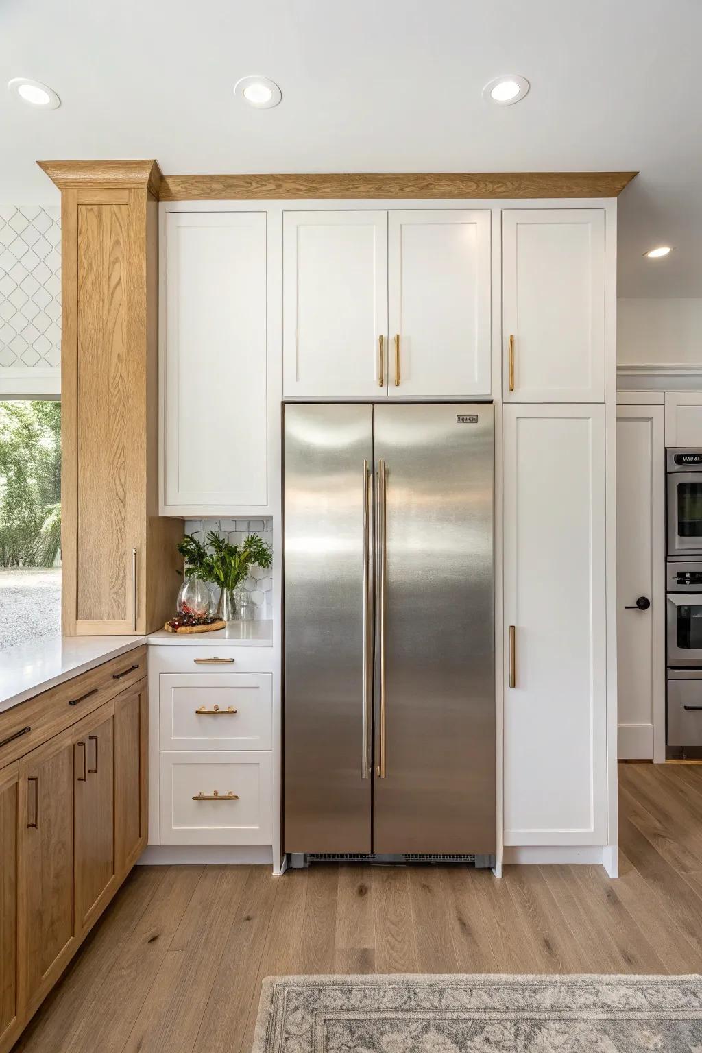 Boxed-in fridge surround with slim upper cabinets for a seamless built-in kitchen look.