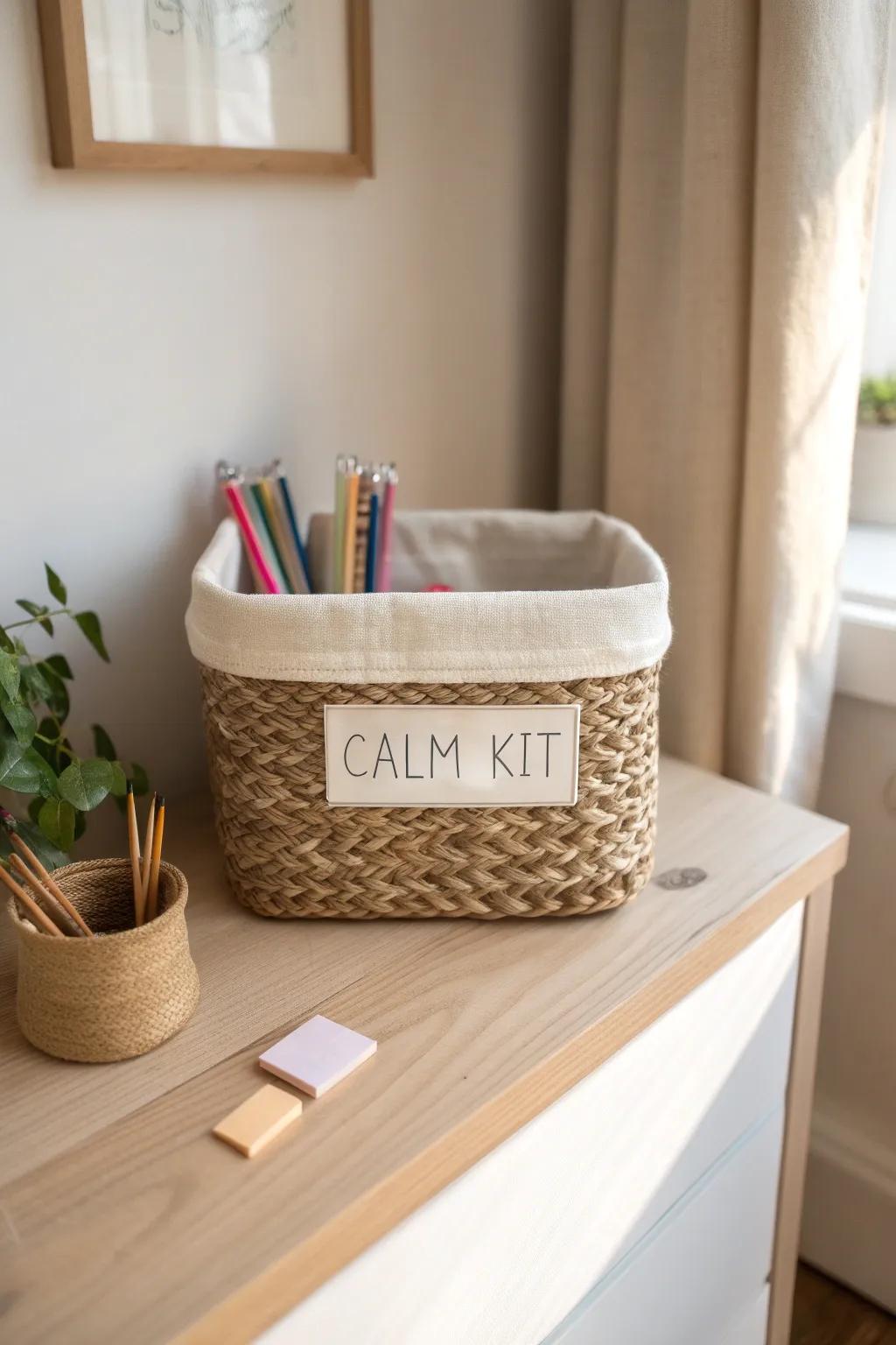 A labeled calm-down kit bin: fidgets, paper, and colors—simple choices for big feelings.