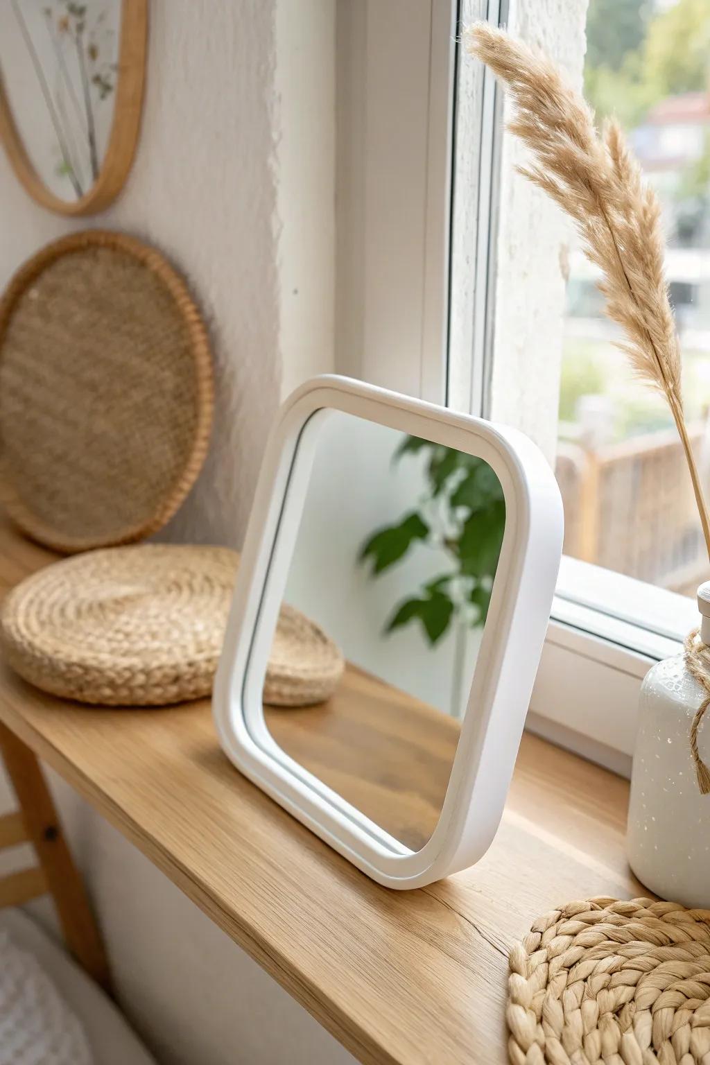 A safe, shatterproof mirror for gentle check-ins—spot tension, breathe, and soften.