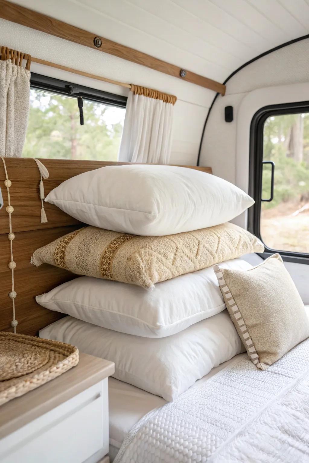 Turn a headboard-free camper bed into cozy luxury with a simple stacked pillow wall.