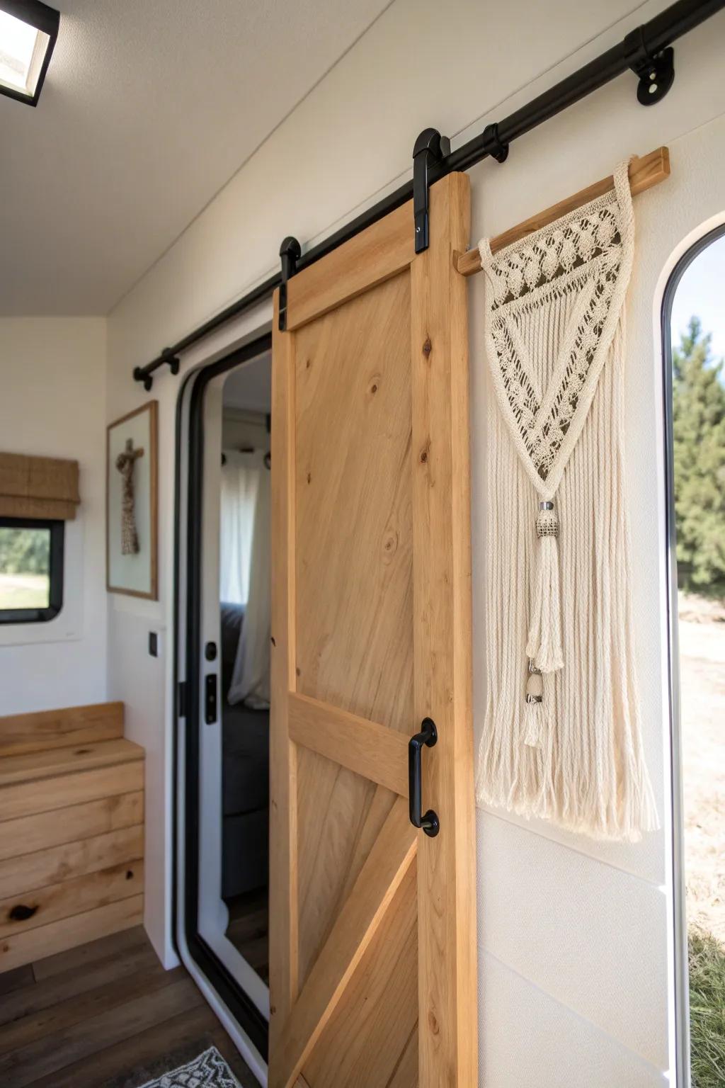 Swap a swing door for a slim barn slider—instant walkway space in a tiny camper bath.