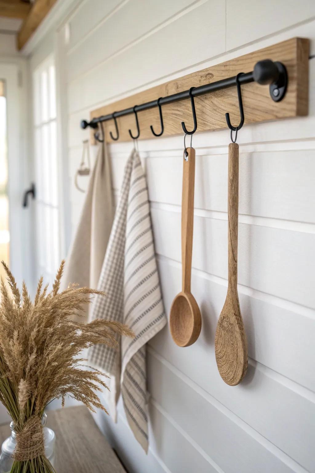 A sleek rail with S-hooks keeps camper cooking tools visible, tidy, and within easy reach.