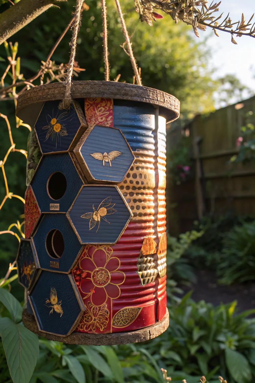 Transform your garden with this bold and vibrant handcrafted beehive made from recycled cans—where craftsmanship meets creativity!
