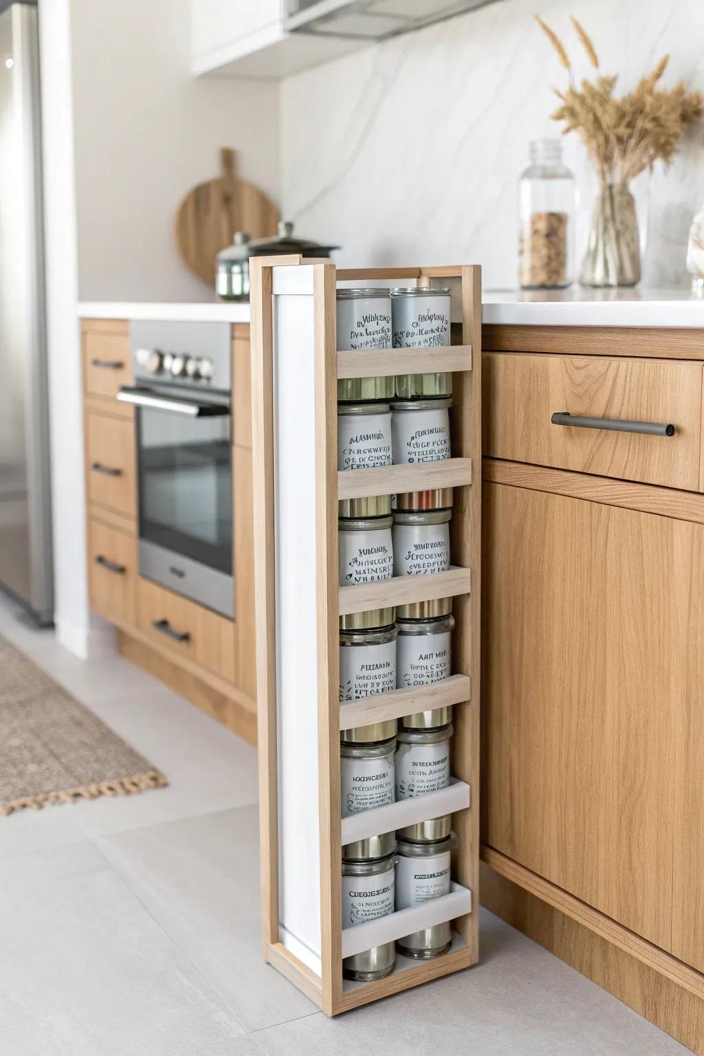 Pull-out skinny pantry tower: every can visible, beautifully organized in a narrow gap.