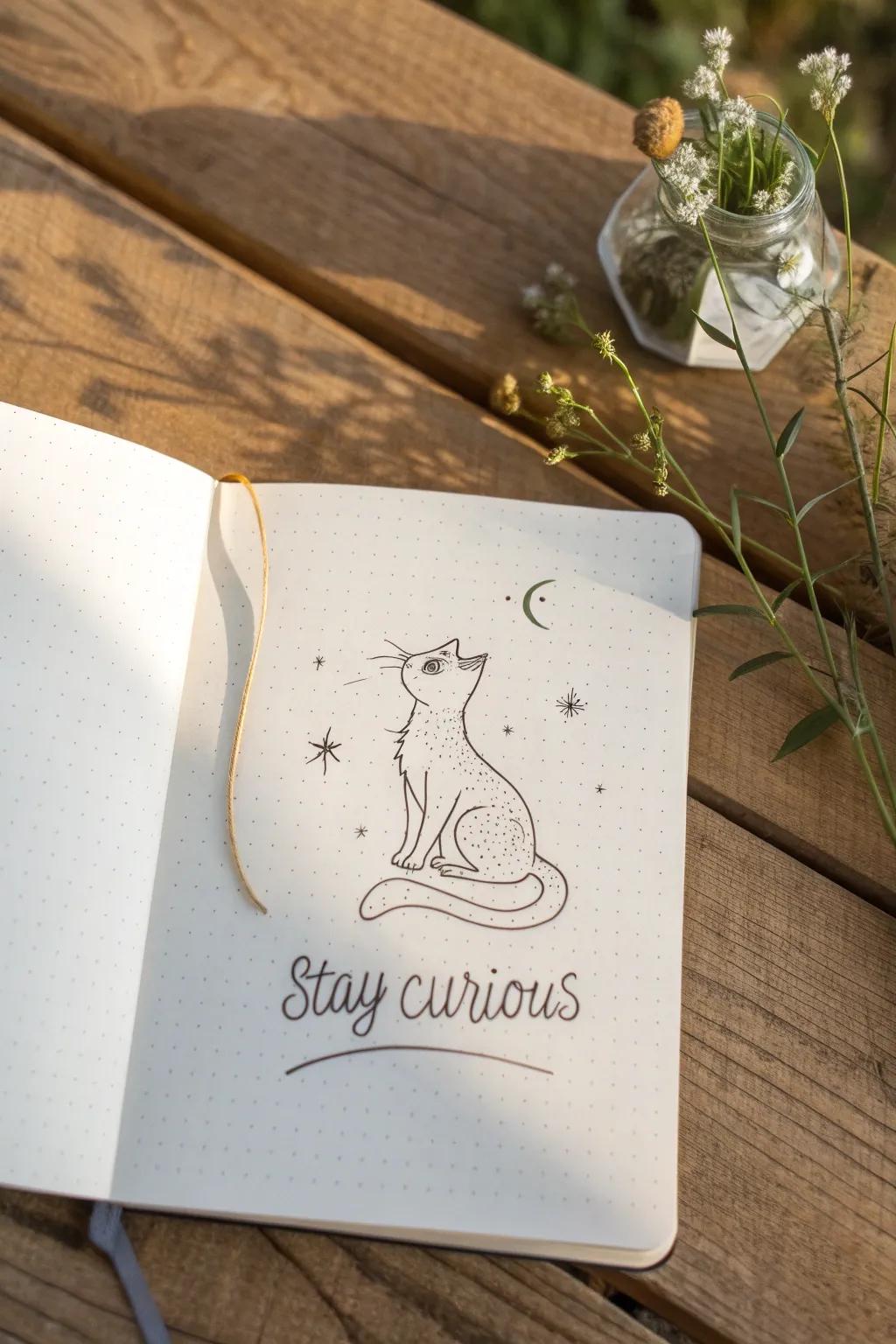 Elevate your journaling with whimsical cat doodles and inspiring quotes. #StayCurious